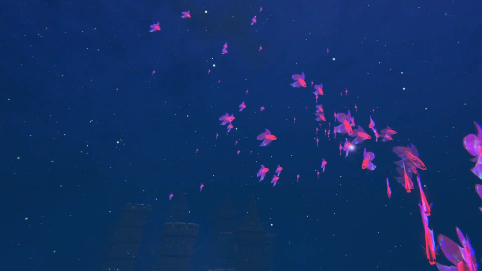 Schools of glowing fish in the Harmony underwater world