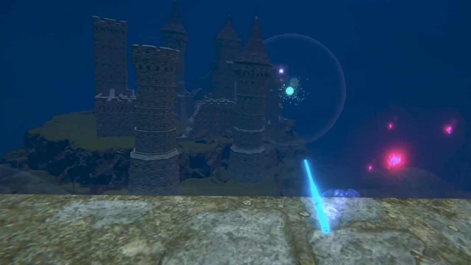 Harmony player wand illuminating an underwater castle scene