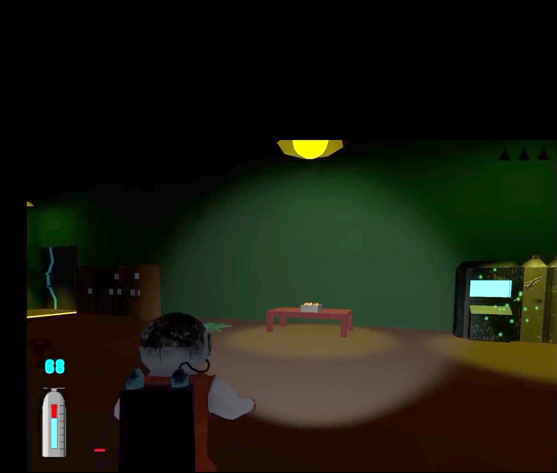 The player character walks down a dark station corridor toward a lit doorway, flanked by two figures ahead