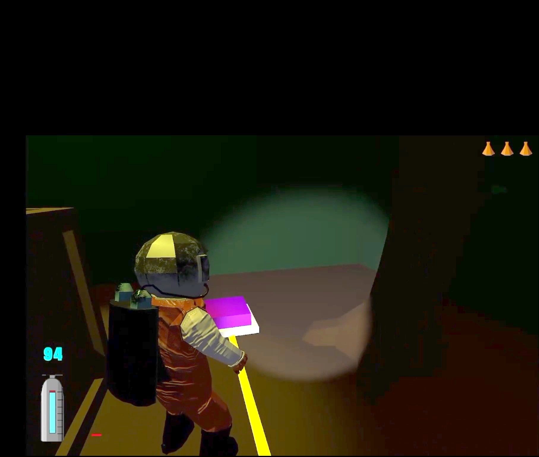 The player winds up to throw a glowing beaker down a dark corridor to distract an enemy