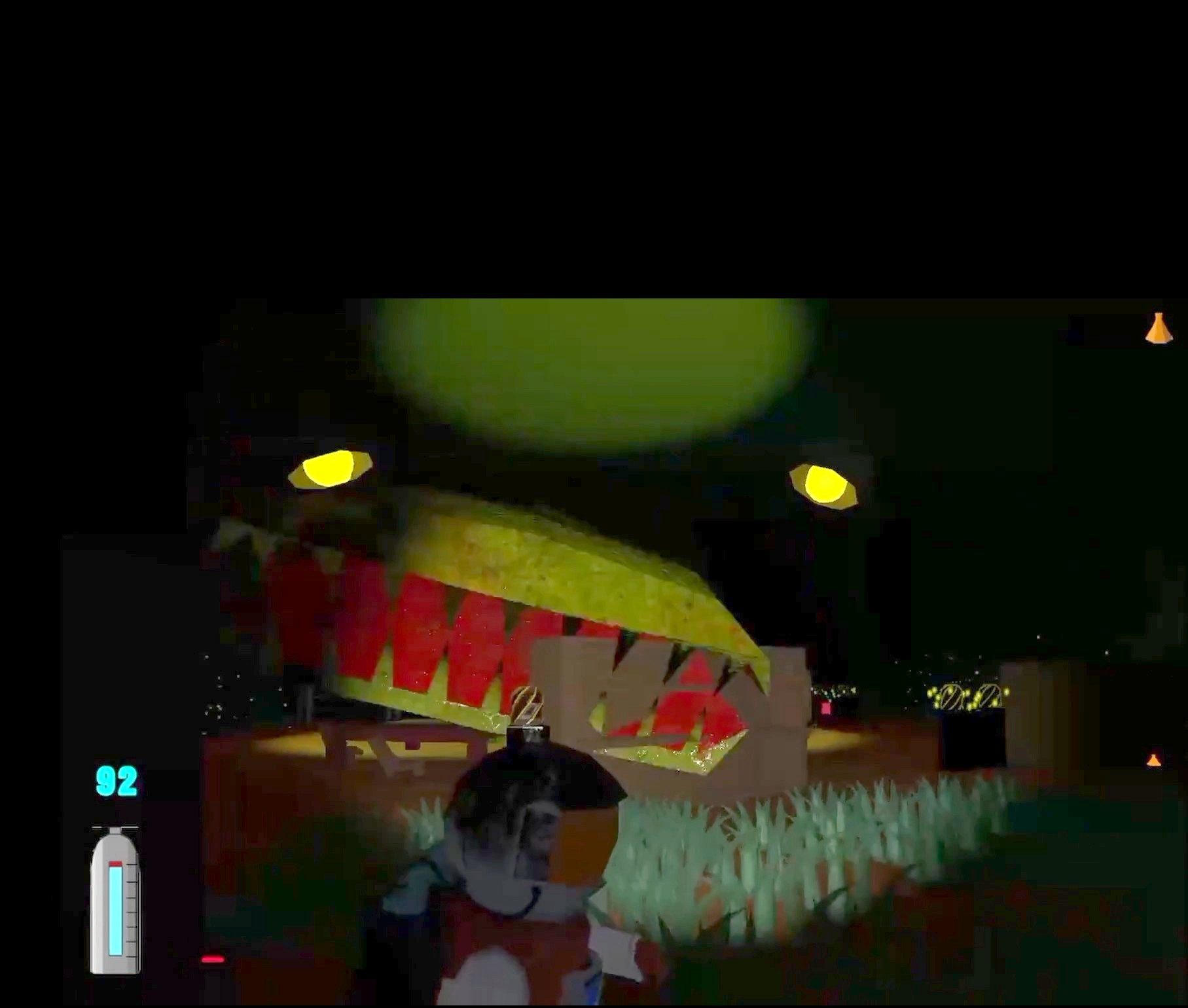 A large venus flytrap-like plant monster with glowing yellow eyes bares its teeth in the dark