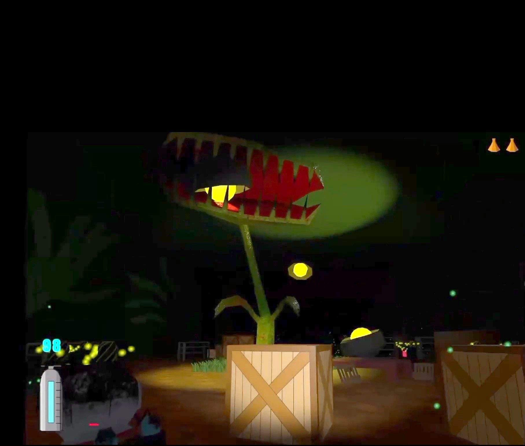 A plant monster looms over wooden crates in a dim storage area, lit by a green glow