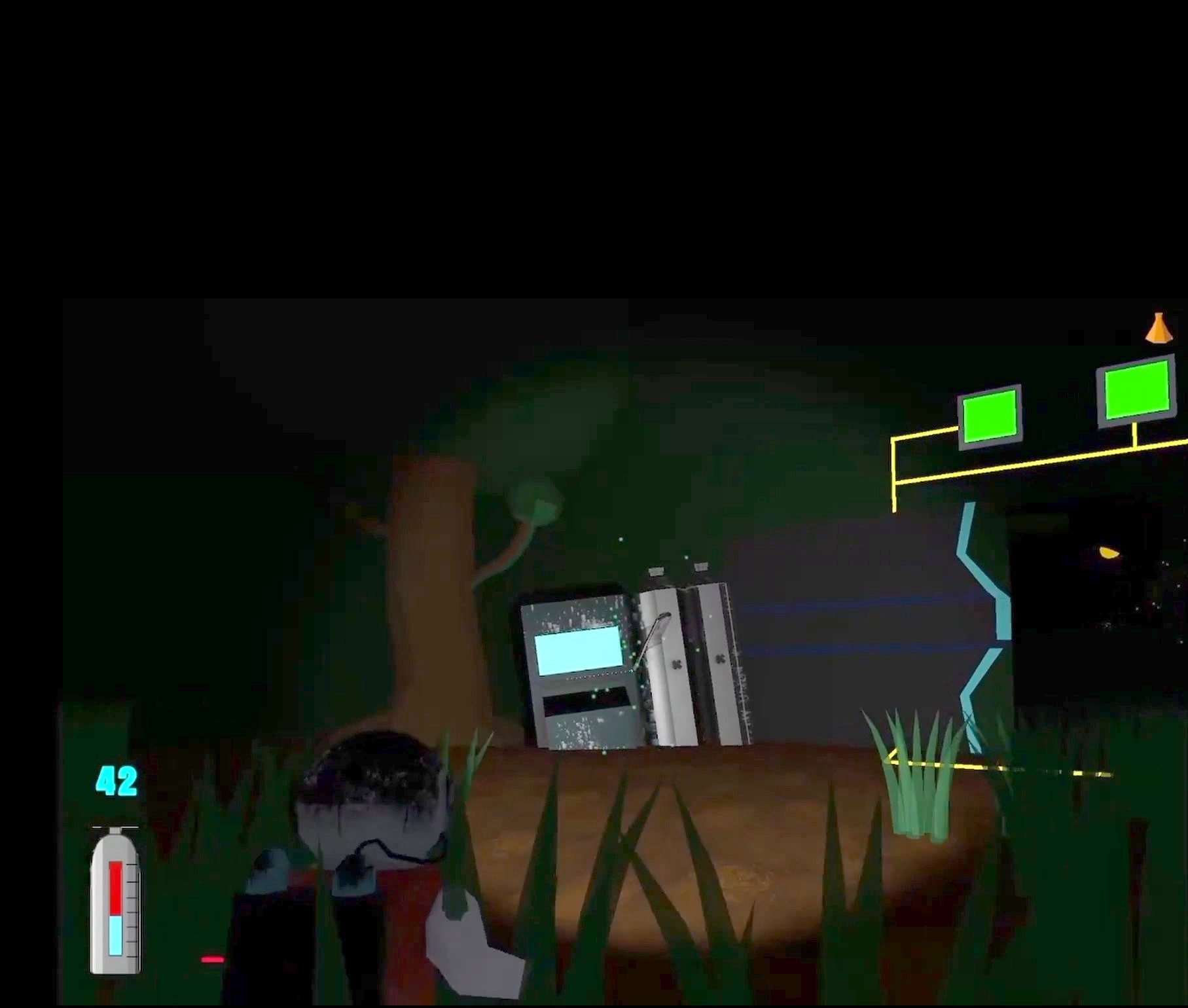 A wired control panel with a glowing screen and two green indicator lights, part of one of the station's item-and-switch puzzles