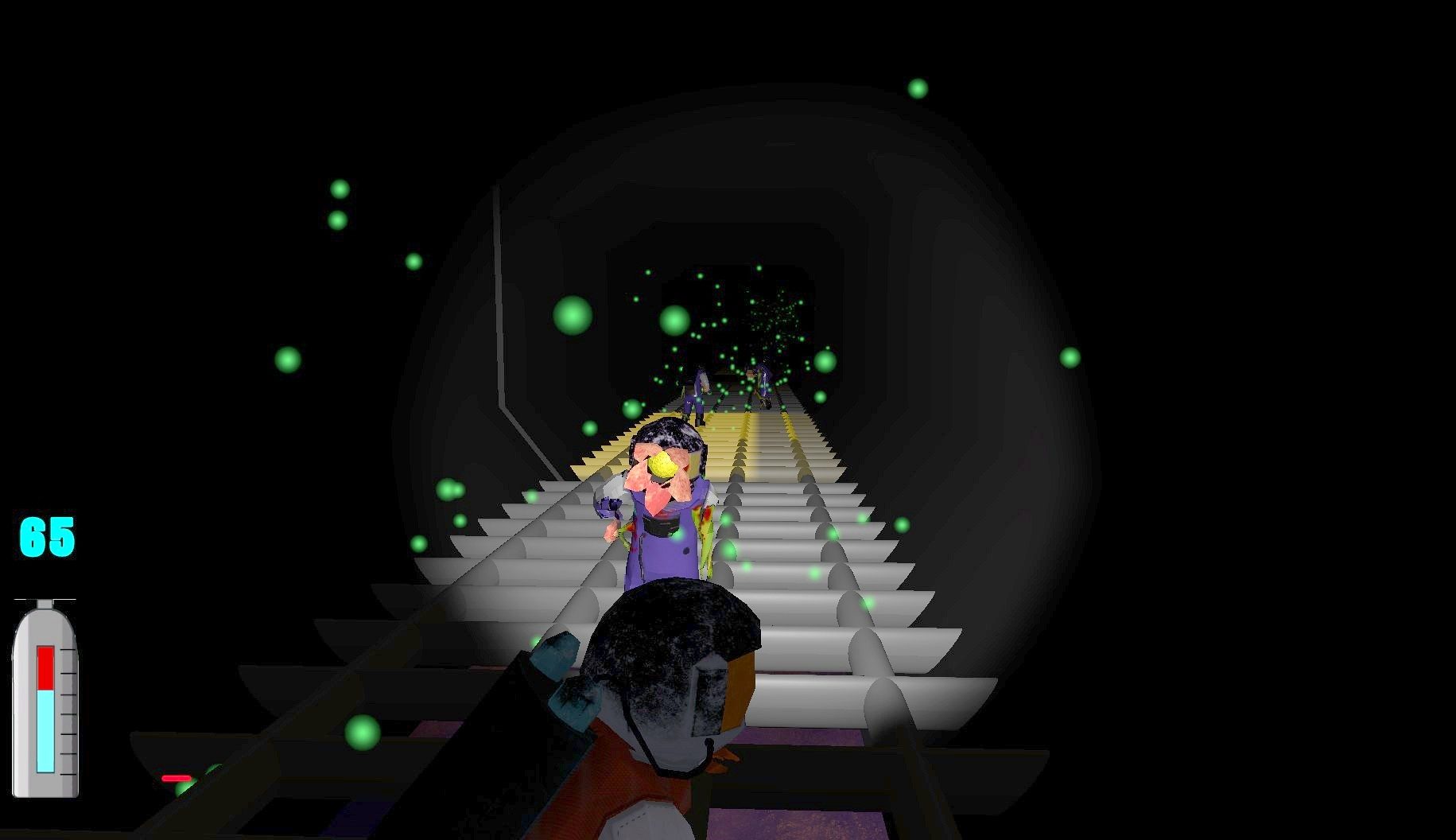 A plant monster ahead in a dark research station corridor, with the player's oxygen gauge showing in the corner