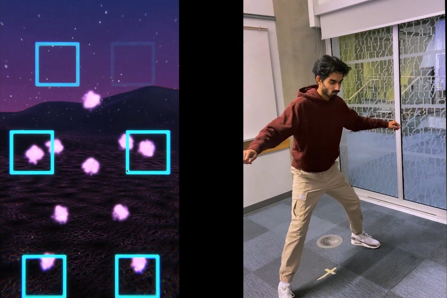 Player standing with arms out to the sides while the hand and foot squares light up on screen