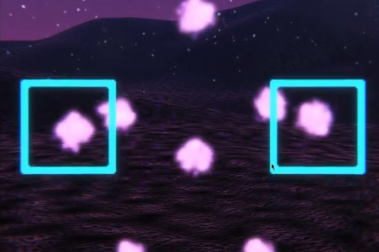 Close view of two lit squares with glowing particles drifting inside them