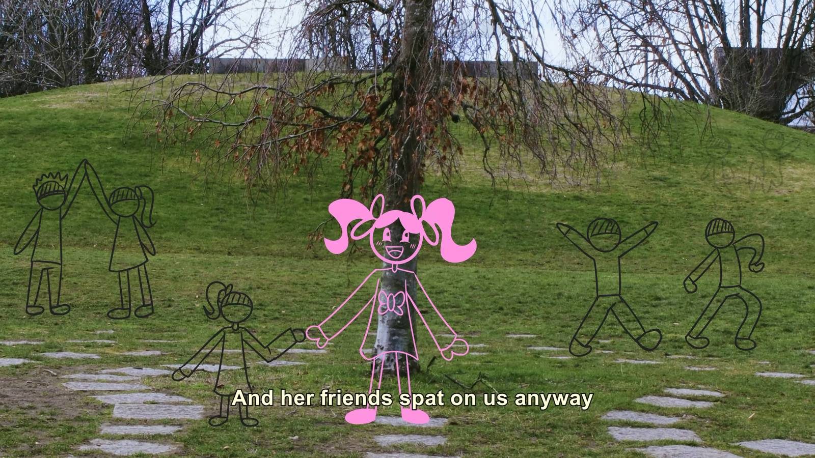 A child's hand-drawn pink stick figure animated over park footage, beside the line 'And her friends spat on us anyway'