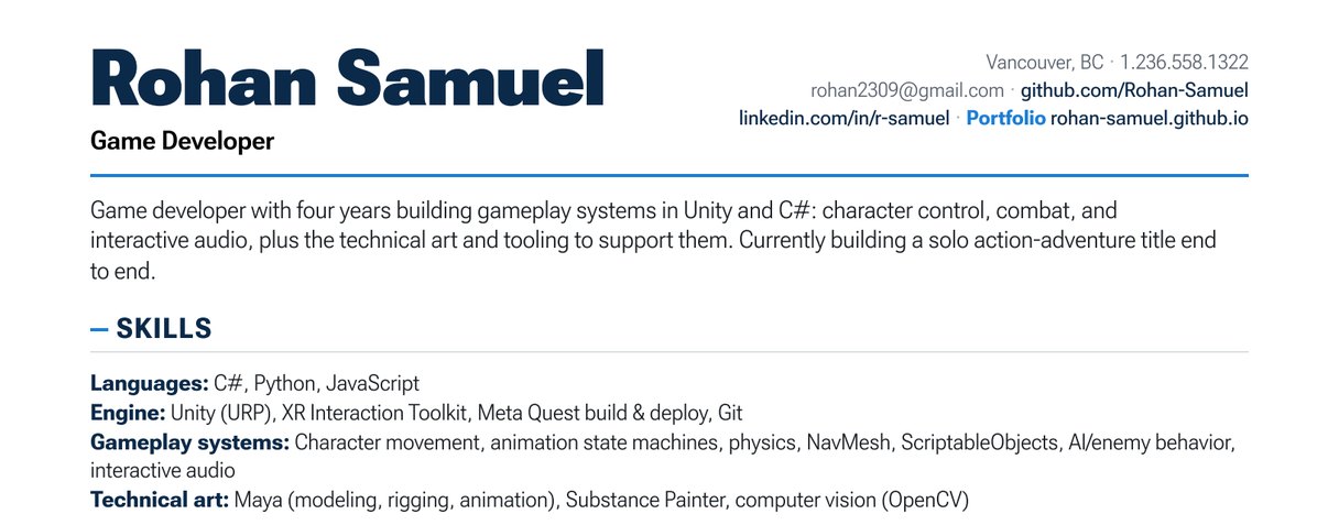 Preview of Rohan Samuel's résumé: name, summary and skills