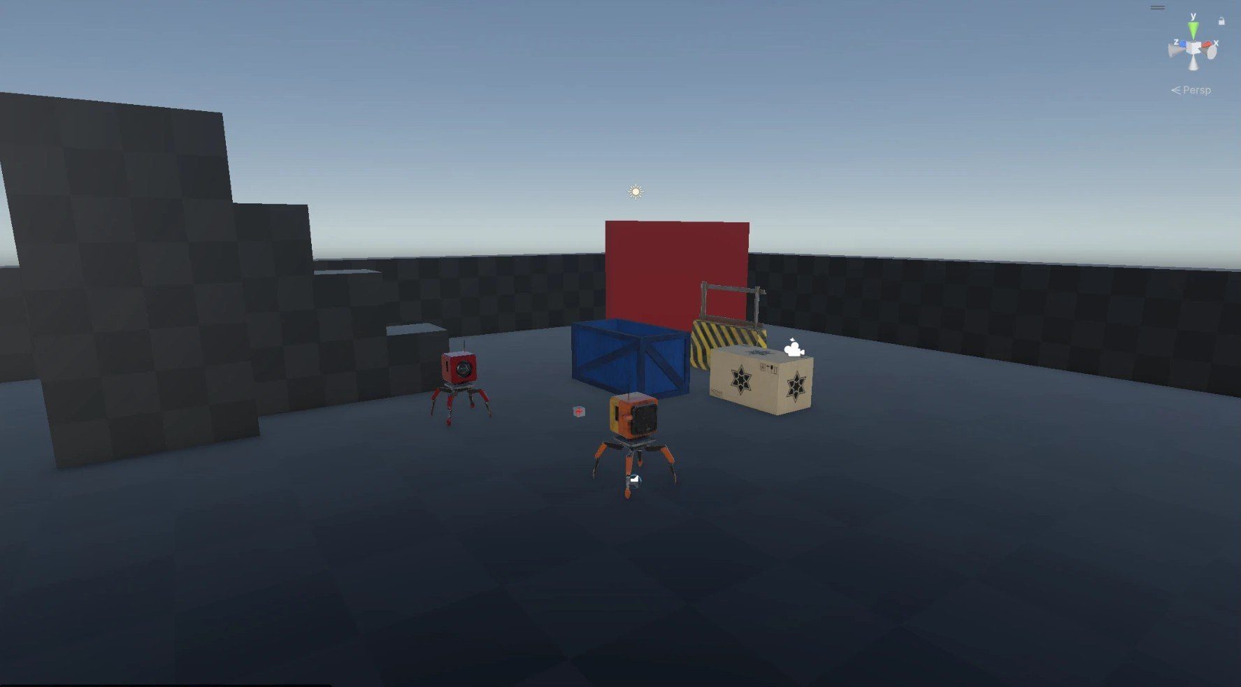 Blockout level in the Unity editor with the player robot and an enemy bot
