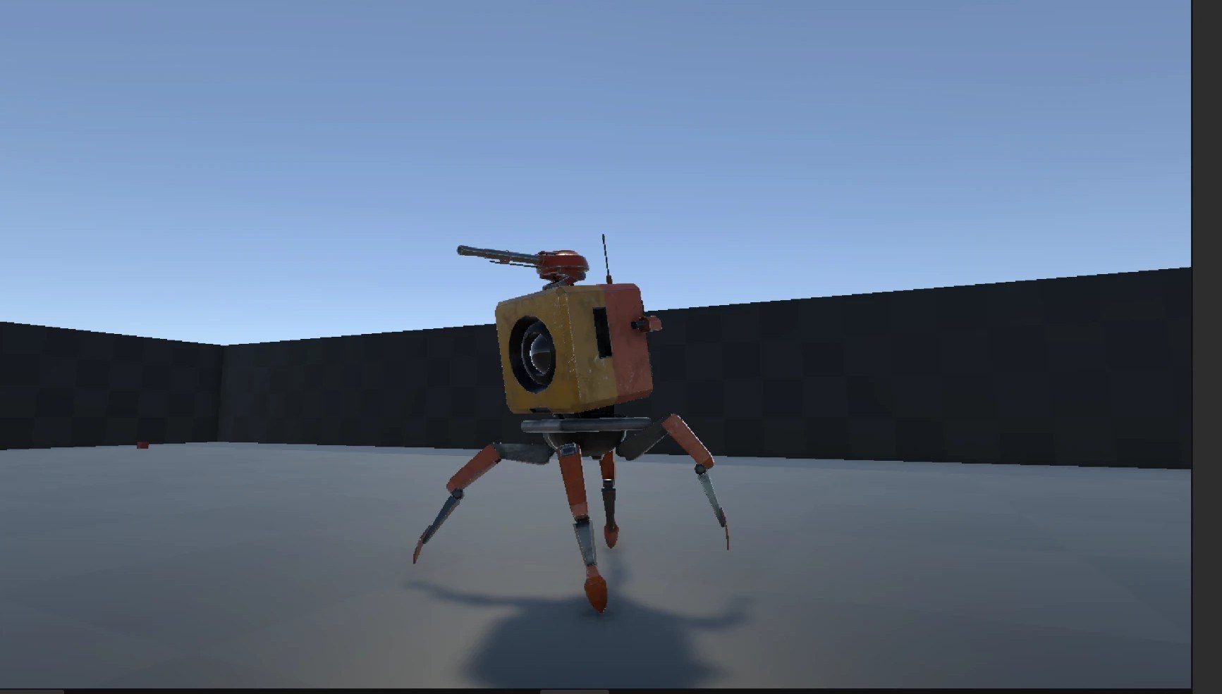 The RoboCube player character in-engine, turret raised and aimed